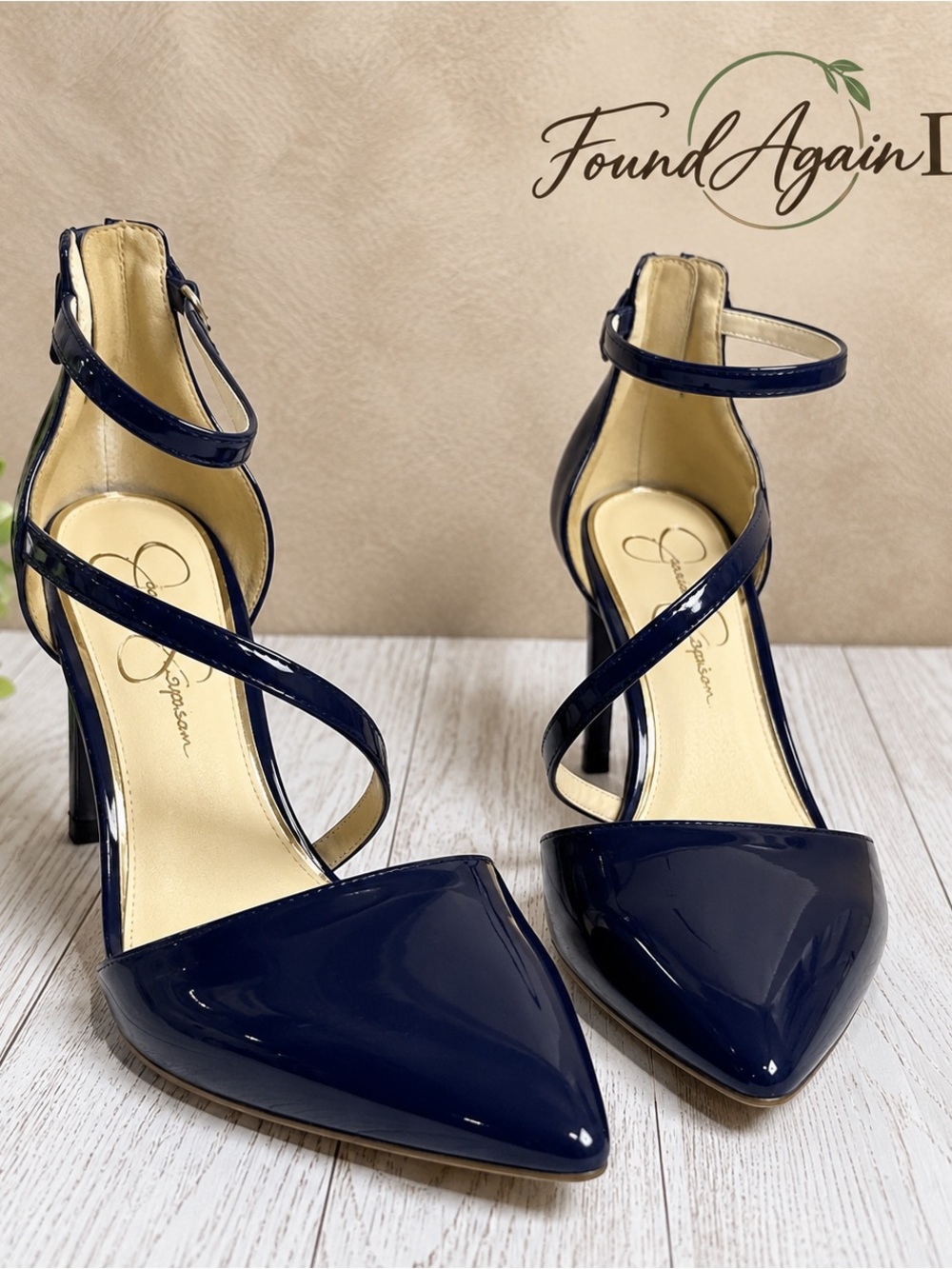 Jessica Simpson Navy Patent Pointed-Toe Crisscross Ankle-Strap Heels